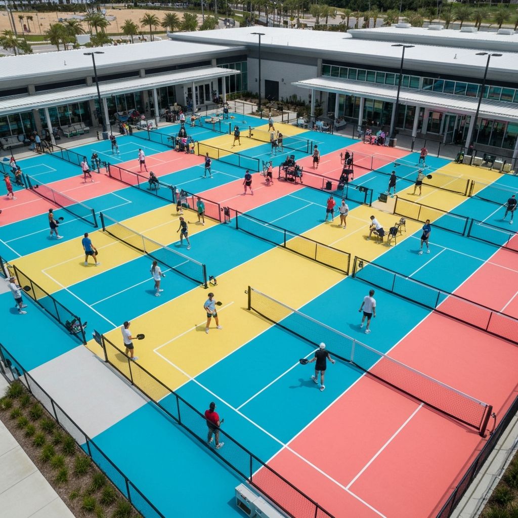 Busy pickleball facility with players on multiple courts
